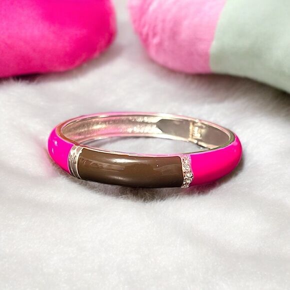 Brown And Pink Silver Tone Clamper Bangle Bracelet NWOT - Picture 1 of 4